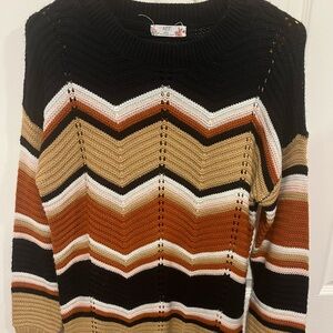 Chevron Knit Crew Neck Sweater - Black, Brown, White, Tan